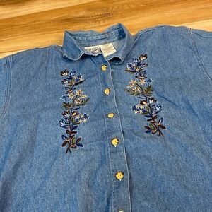 Vintage Denim Embroidered Shirt Petite Medium Capacity Denim Shirt Floral